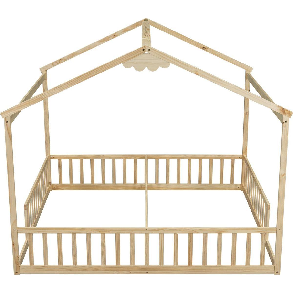 Double Twin House-Style Floor Bed with Fence, Guardrails, without door, Natural