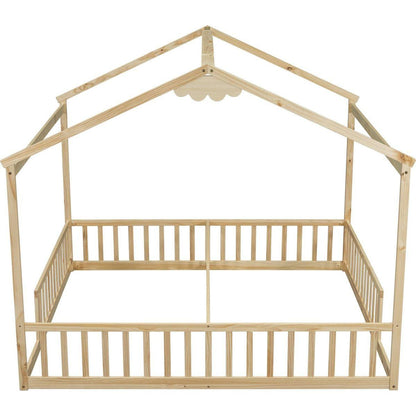 Double Twin House-Style Floor Bed with Fence, Guardrails, without door, Natural