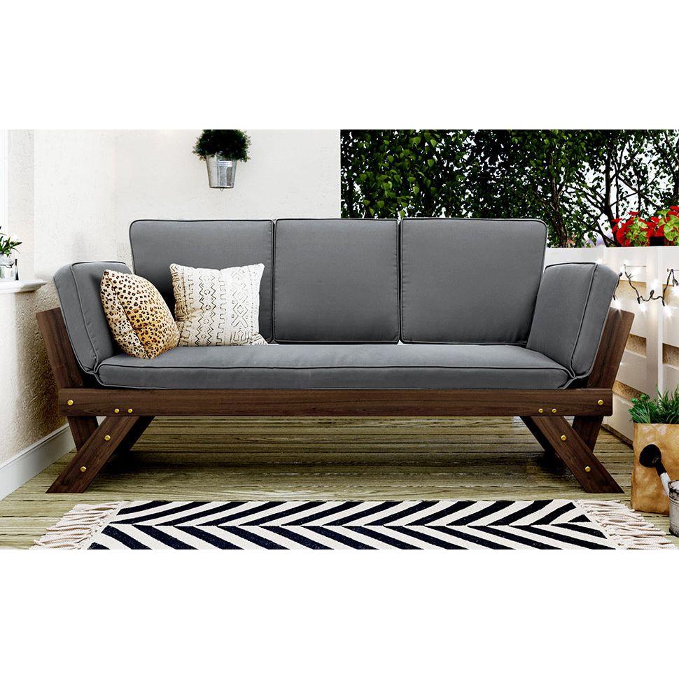 Outdoor Adjustable Patio Wooden Daybed Sofa Chaise Lounge with Cushions for Small Places, Brown Finish+Gray Cushion