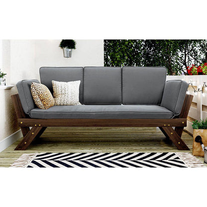 Outdoor Adjustable Patio Wooden Daybed Sofa Chaise Lounge with Cushions for Small Places, Brown Finish+Gray Cushion