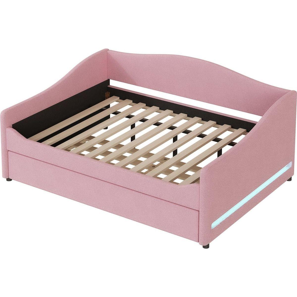 Teddy Fleece Full Size Upholstered Daybed with Light and Trundle, Pink