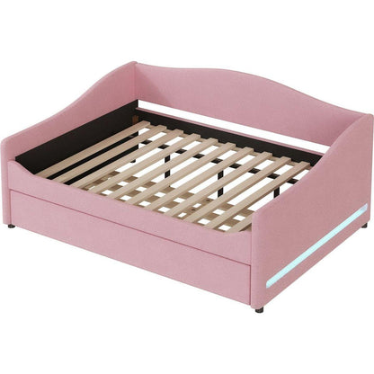 Teddy Fleece Full Size Upholstered Daybed with Light and Trundle, Pink
