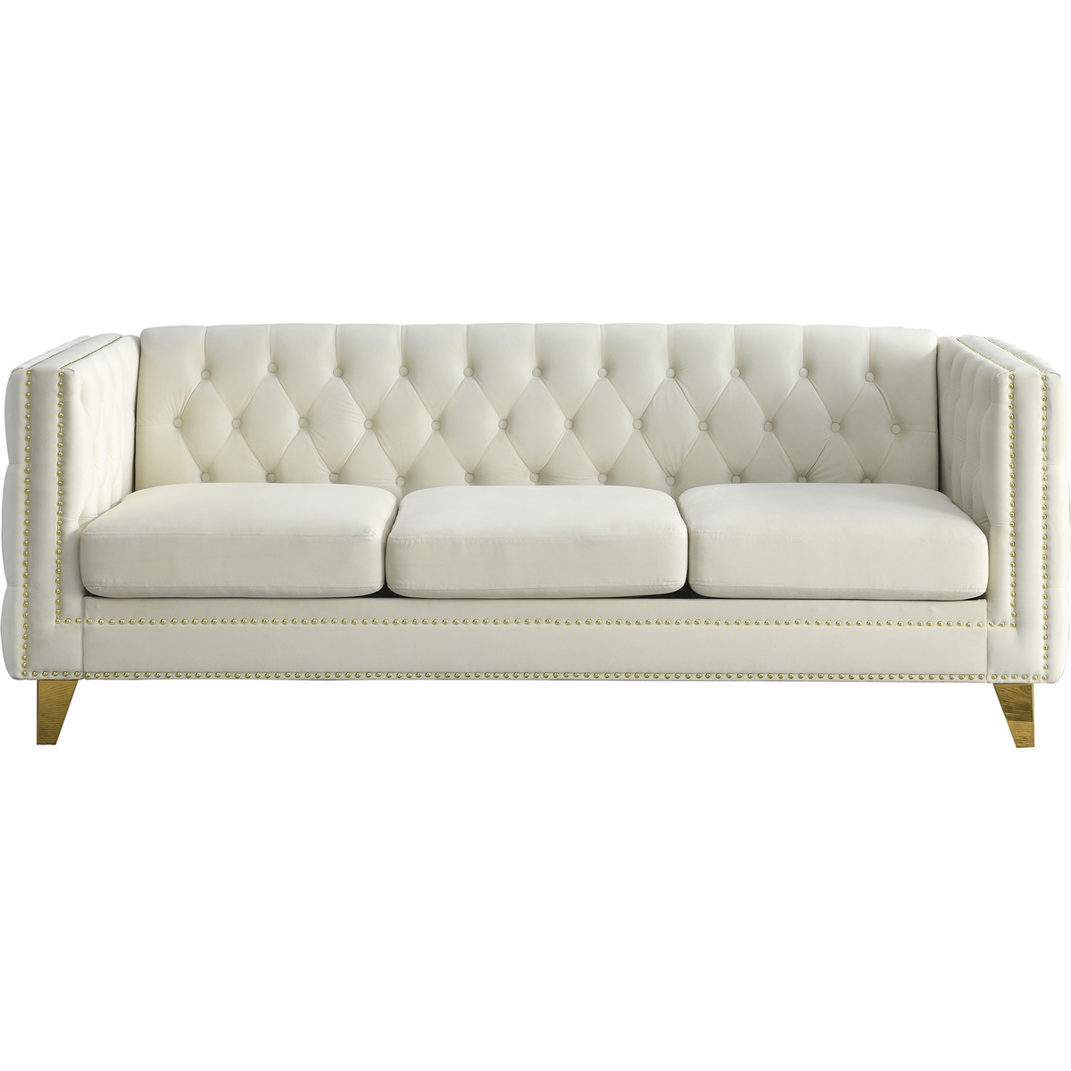 Velvet Sofa for Living Room,Buttons Tufted Square Arm Couch, Modern Couch Upholstered Button and Metal Legs, Sofa Couch for Bedroom, Beige Velvet, 2PCS