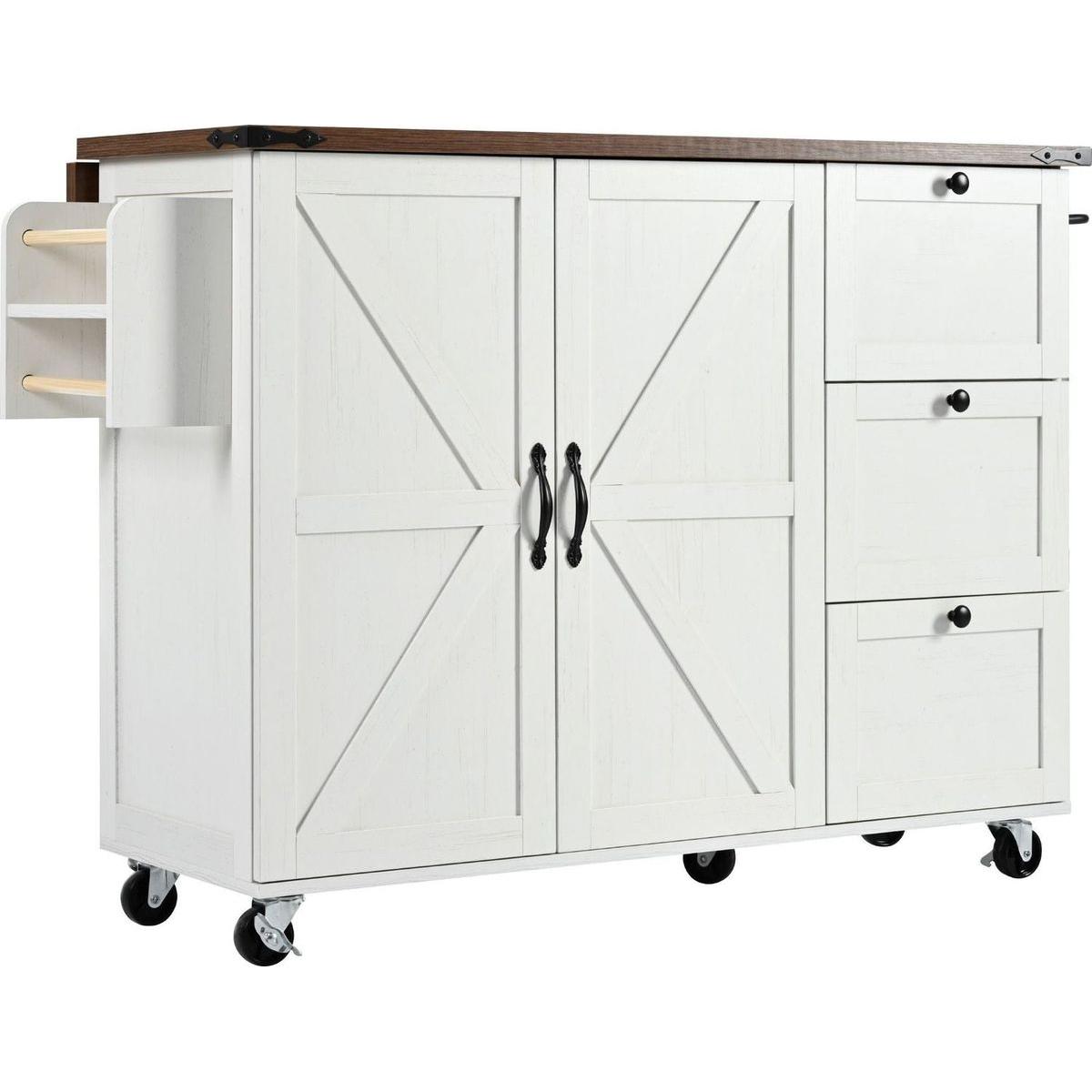 54.5" Farmhouse Kitchen Island with Power Outlet, Kitchen Storage Island with Internal Storage Rack, Drop Leaf, Spice Rack, Rolling Kitchen Cart on Wheels, for Home, Kitchen and Dining Room,White