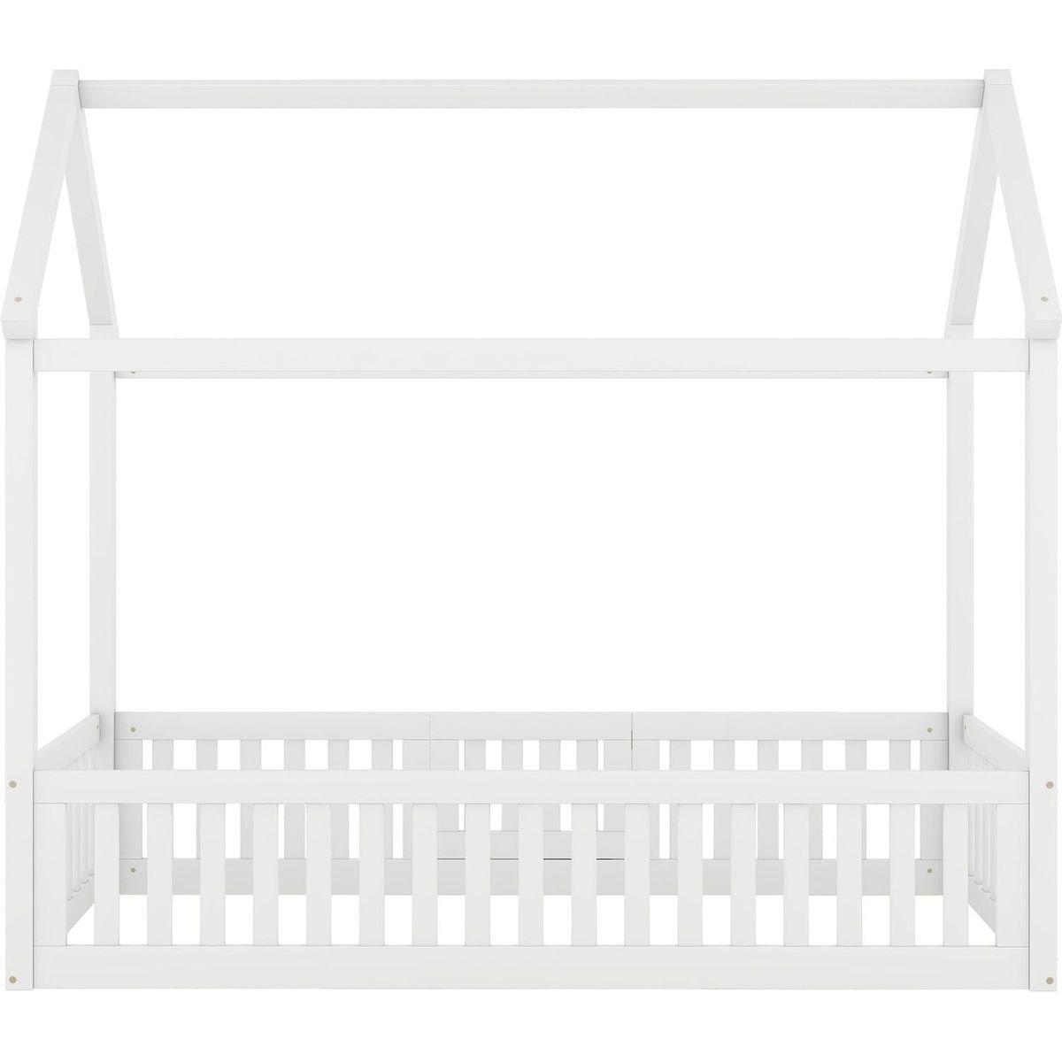 Twin Size Wood House Bed with Fence and Door, White