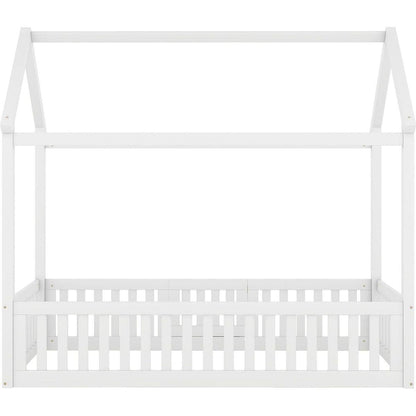Twin Size Wood House Bed with Fence and Door, White