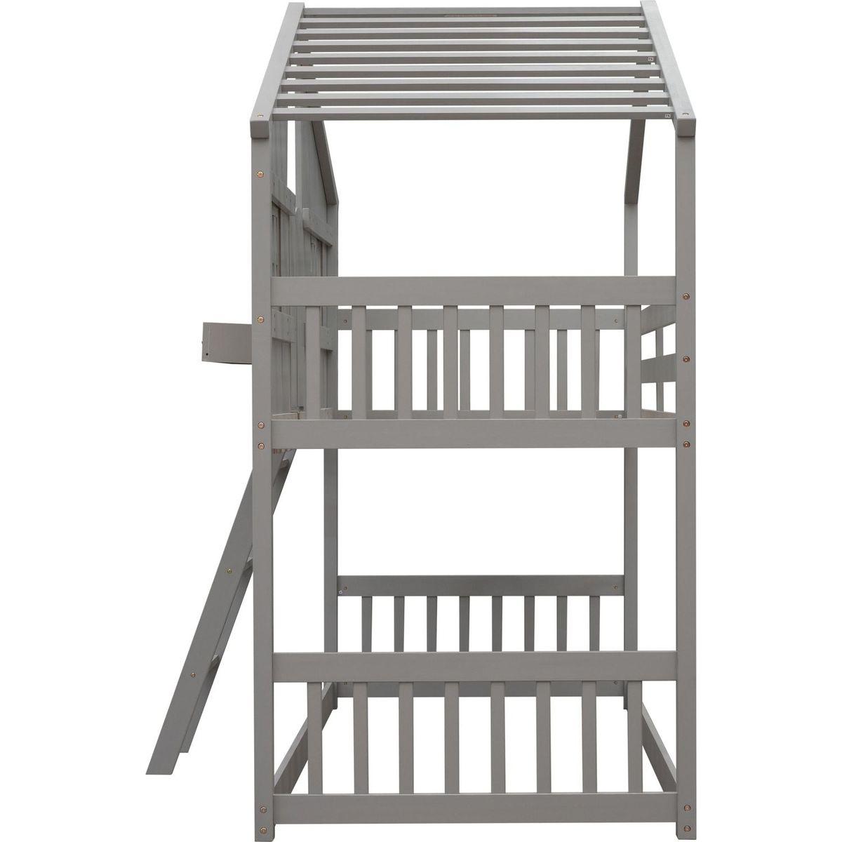 Twin over Twin House Bunk Bed with Roof, Window, Window Box, Door, with Safety Guardrails and Ladder, Grey