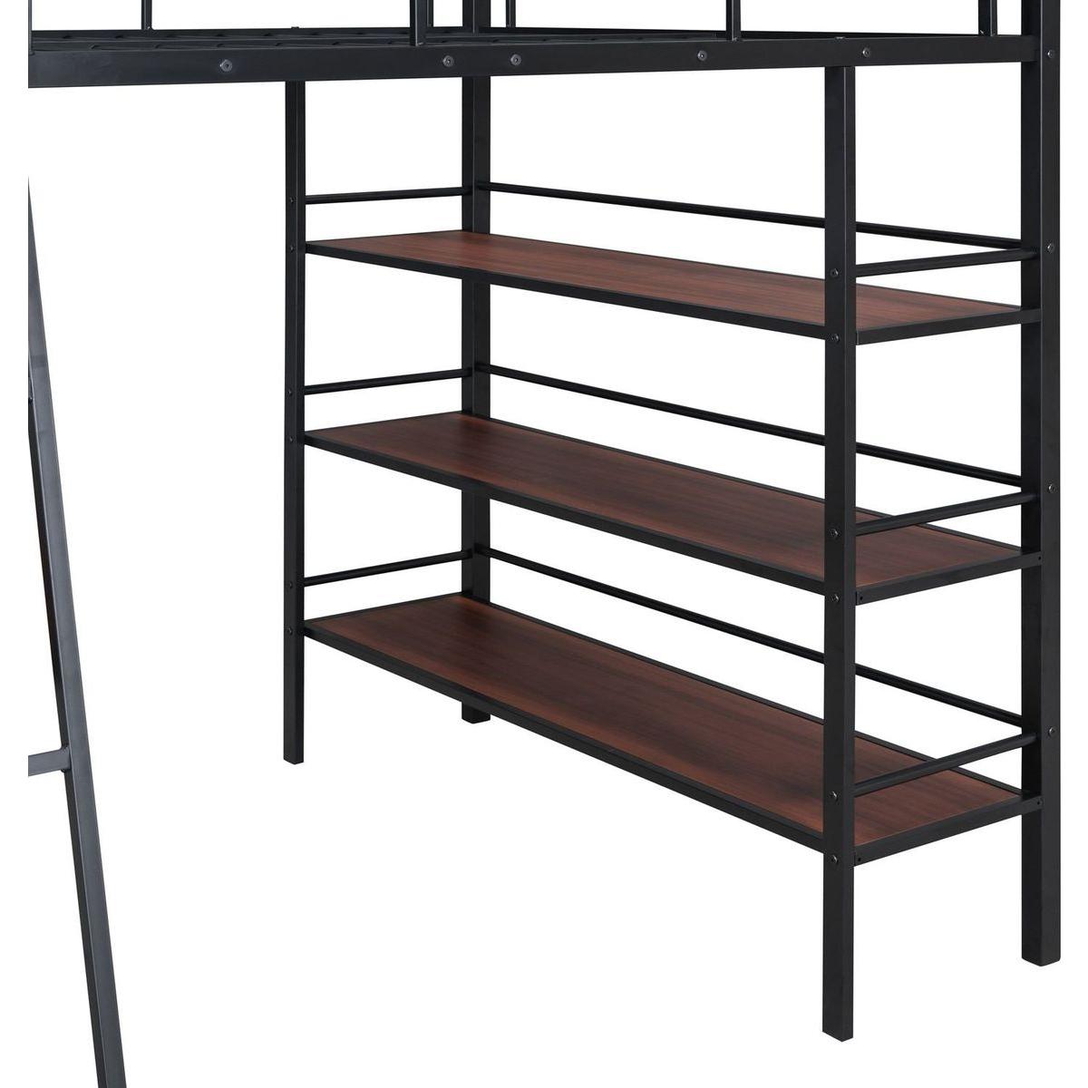 Full Size Loft Metal Bed with 3 Layers of Shelves and Desk, Stylish Metal Frame Bed with Whiteboard, Black