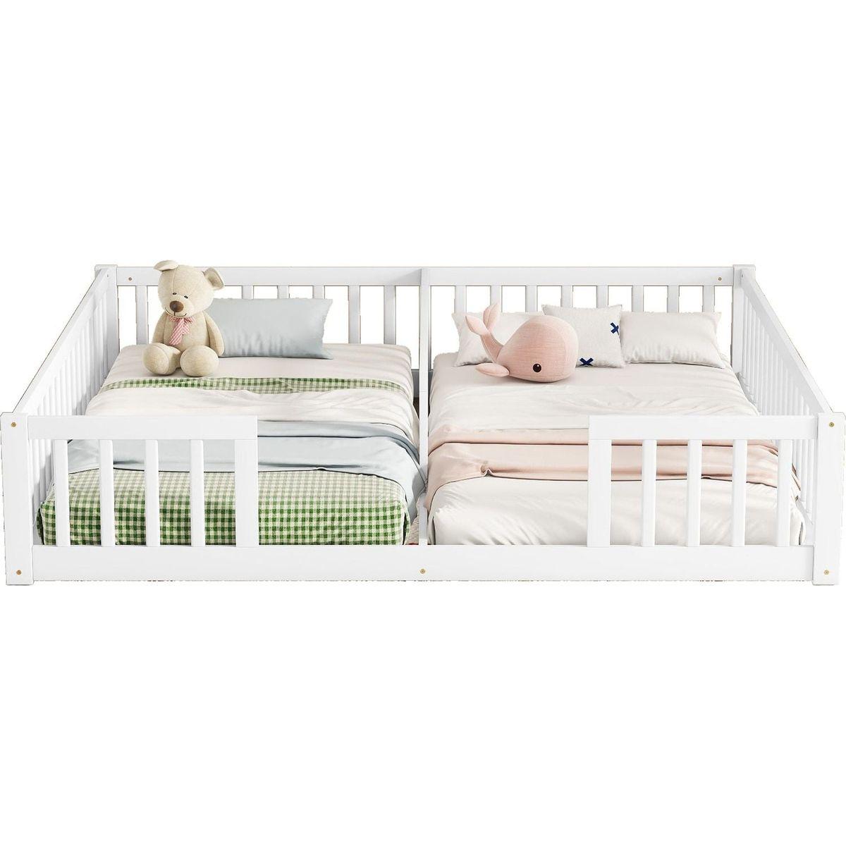 Double Twin Floor Bed with Fence, Guardrails, without door, White