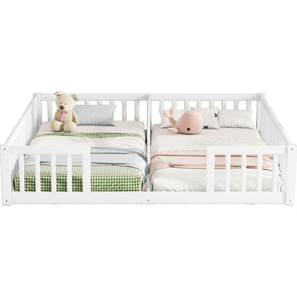 Double Twin Floor Bed with Fence, Guardrails, without door, White