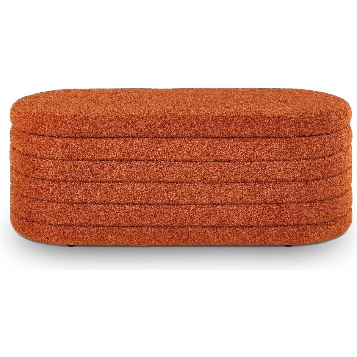 Modern Oval Storage Ottoman Bench, Upholstered Boucle Teddy Fabric End of Bed Bench with Storage, End of Bed Stool with Safety Hinge for Bedroom, Living Room, Entryway, Orange