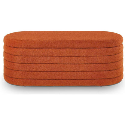 Modern Oval Storage Ottoman Bench, Upholstered Boucle Teddy Fabric End of Bed Bench with Storage, End of Bed Stool with Safety Hinge for Bedroom, Living Room, Entryway, Orange