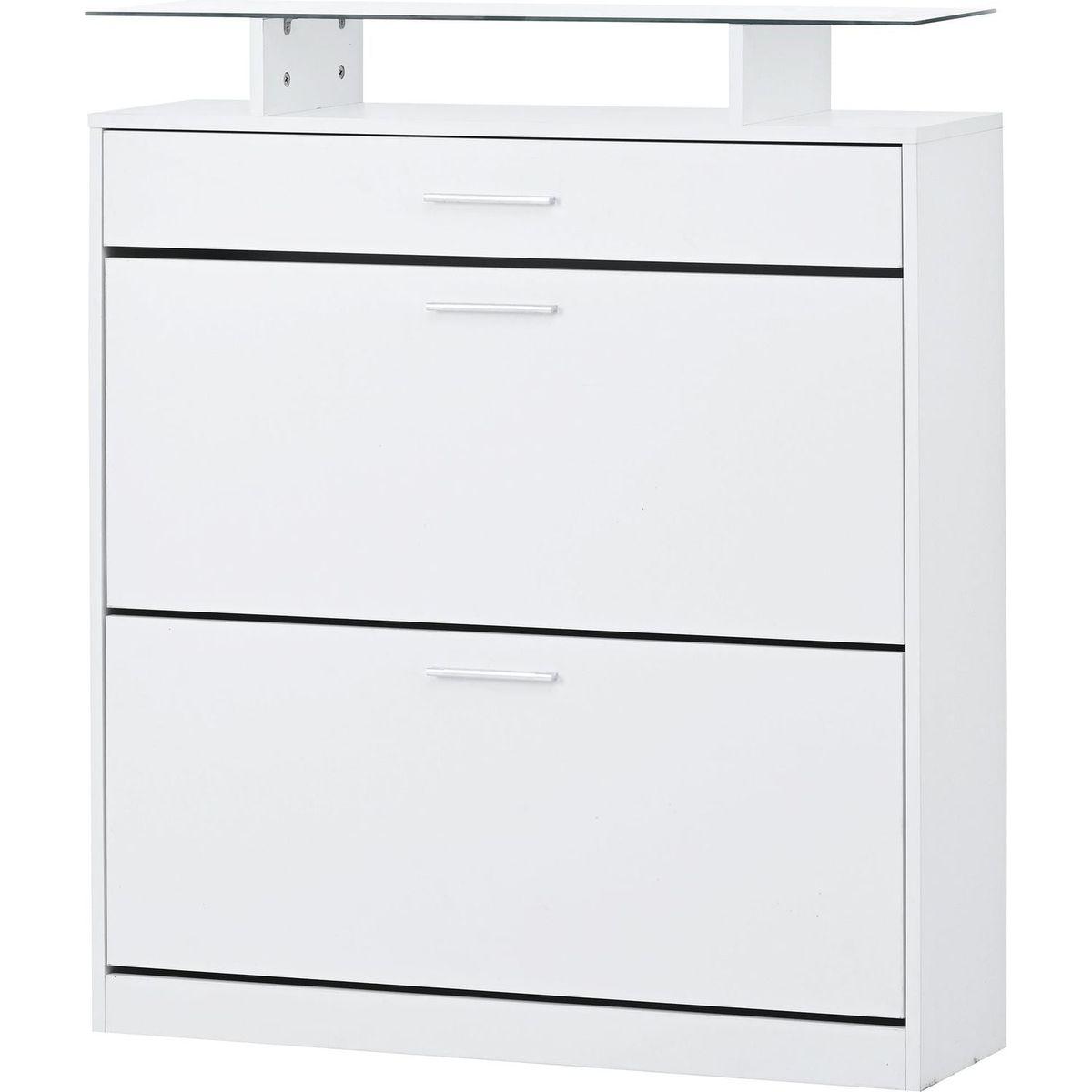 Slim Entryway Organizer with 2 Flip Drawers, Tempered Glass Top Shoe Storage Cabinet with Drawer, Free Standing Shoe Rack with LED Light for Hallway, White