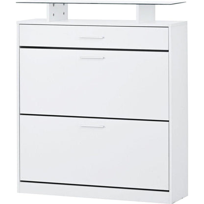 Slim Entryway Organizer with 2 Flip Drawers, Tempered Glass Top Shoe Storage Cabinet with Drawer, Free Standing Shoe Rack with LED Light for Hallway, White