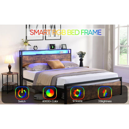 Queen Size Bed Frame with Storage Headboard and 2 Drawers, LED Lights Bed with Charging Station, Metal Platform Bed No Noise, Mattress Foundation Strong Metal Slats Support No Box Spring Needed
