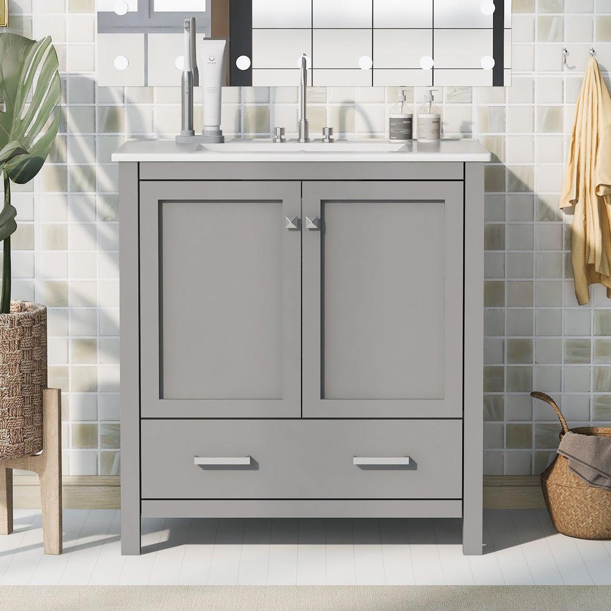 30" Gray Bathroom Vanity with Single Sink, Combo Cabinet Undermount Sink, Bathroom Storage Cabinet with 2 Doors and a Drawer, Soft Closing, Multifunctional Storage, Solid Wood Frame