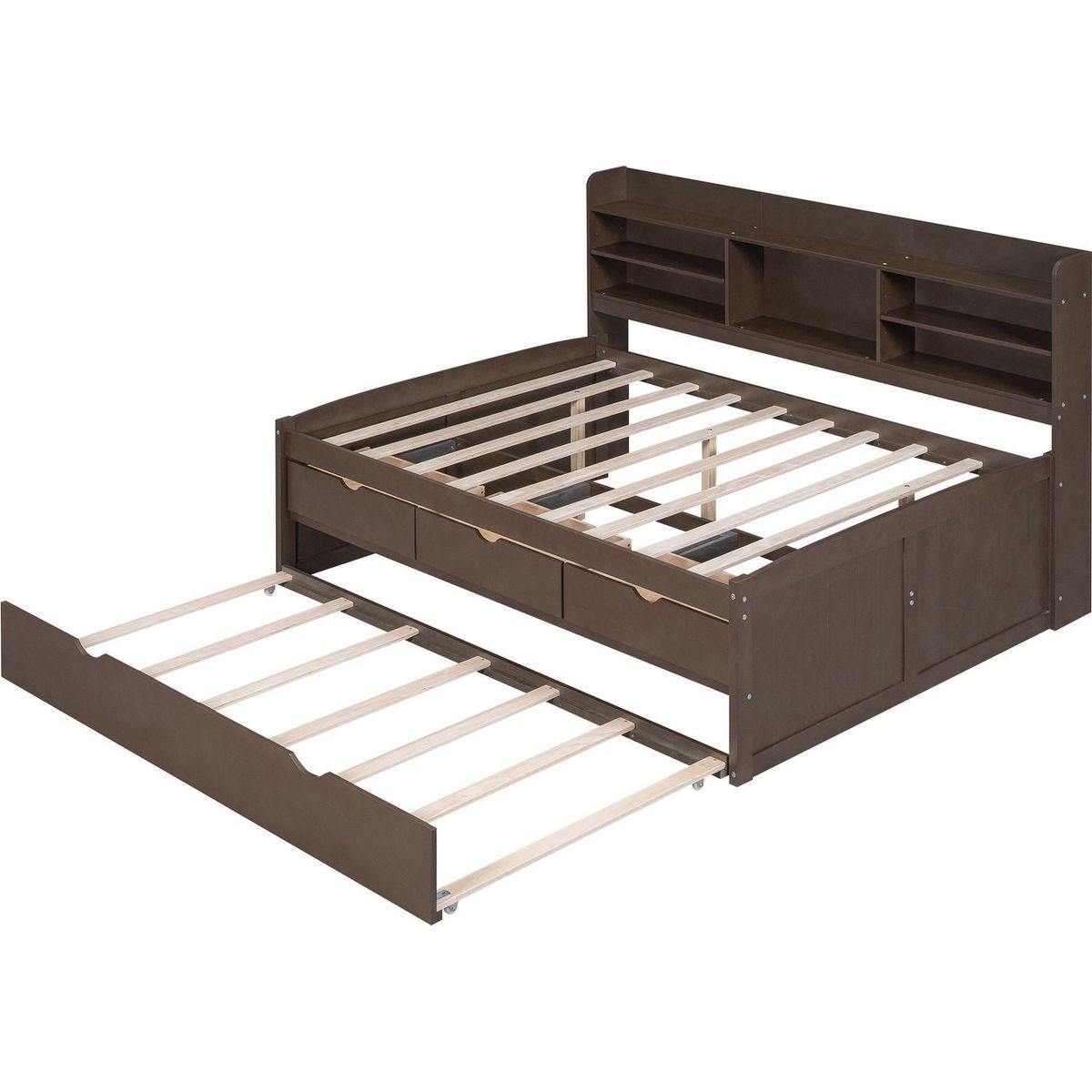 Full Size Wooden Captain Bed with Built-in Bookshelves,Three Storage Drawers and Trundle,Antique Grey - Streamdale Furniture