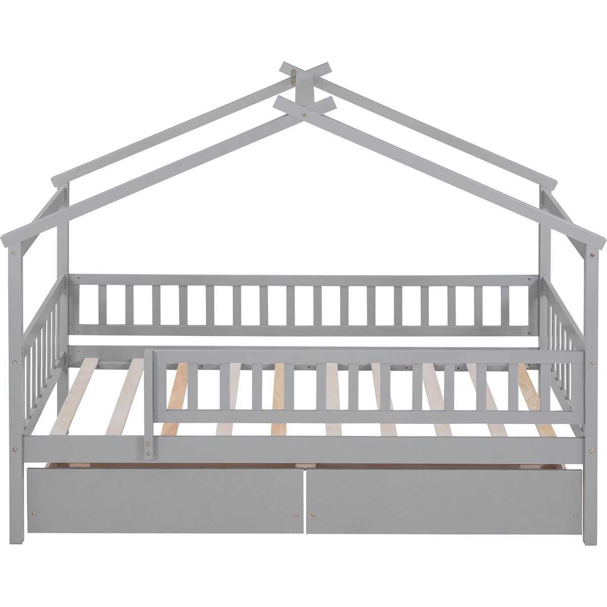 Twin Size Wooden House Bed with Two Drawers, Gray