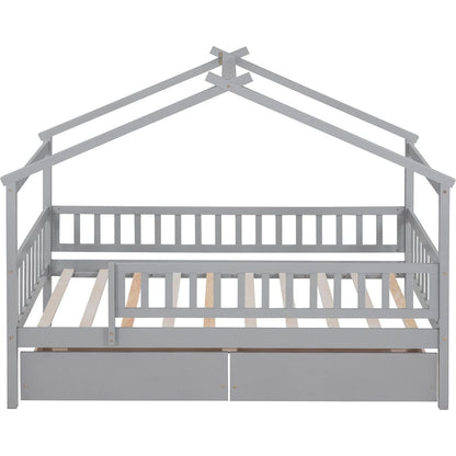 Twin Size Wooden House Bed with Two Drawers, Gray