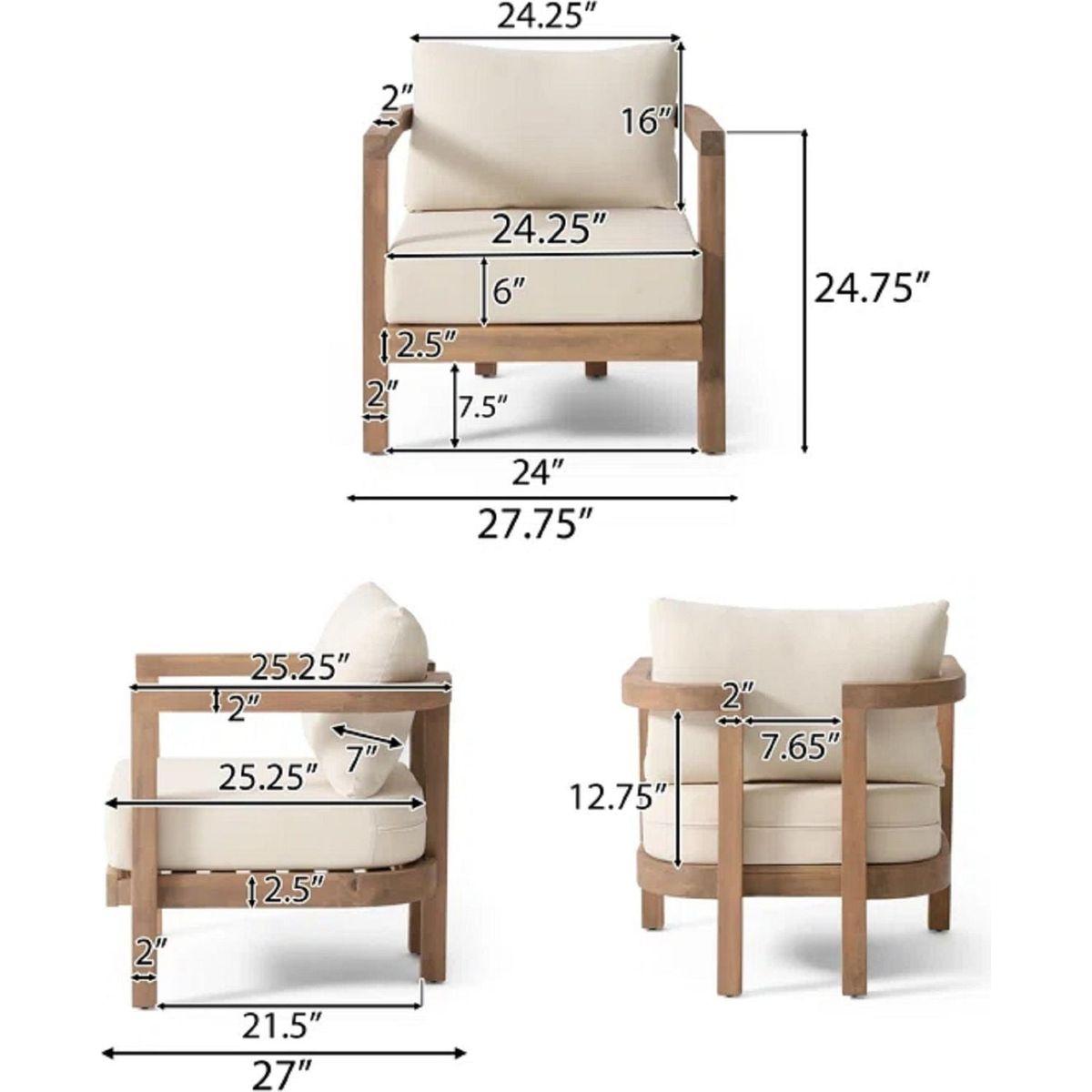 Outdoor Acacia Wood Patio Club Chair, Patio Furniture,Waterproof Thick Cushion Deep Seating for Porch, Garden, Backyard, Balcony, Weight Capacity 400lbs, Brown wash, Beige cushion
