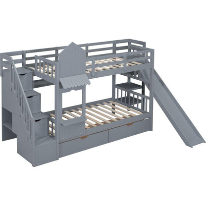 Twin-Over-Twin Castle Style Bunk Bed with 2 Drawers 3 Shelves and Slide - Gray