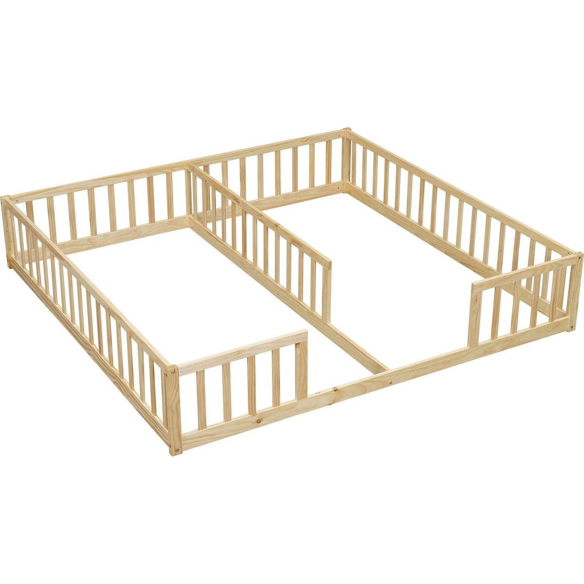 Double Twin Floor Bed with Fence, Guardrails, without door, Natural