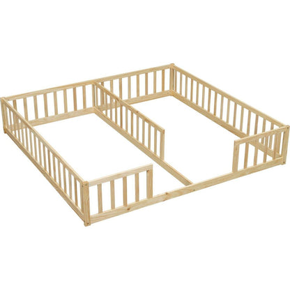 Double Twin Floor Bed with Fence, Guardrails, without door, Natural