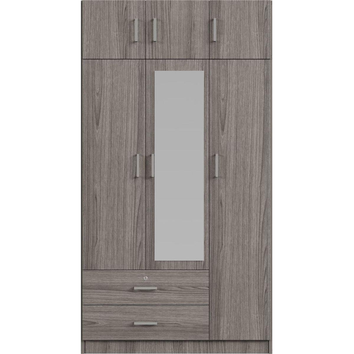3-Door Mirror Wardrobe with 2 Drawers and Top Cabinet,Gray