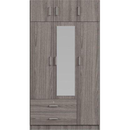 3-Door Mirror Wardrobe with 2 Drawers and Top Cabinet,Gray