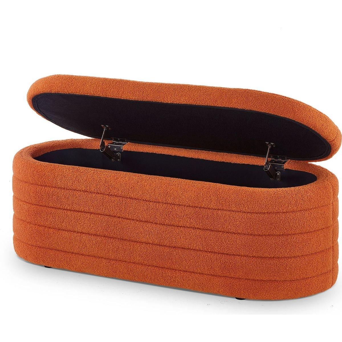 Modern Oval Storage Ottoman Bench, Upholstered Boucle Teddy Fabric End of Bed Bench with Storage, End of Bed Stool with Safety Hinge for Bedroom, Living Room, Entryway, Orange
