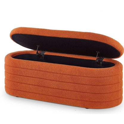 Modern Oval Storage Ottoman Bench, Upholstered Boucle Teddy Fabric End of Bed Bench with Storage, End of Bed Stool with Safety Hinge for Bedroom, Living Room, Entryway, Orange