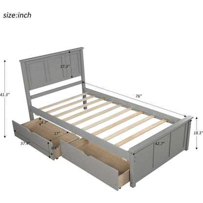 Platform Storage Bed, 2 drawers with wheels, Twin Size Frame, Gray