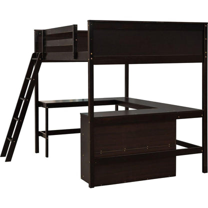 Full size Loft Bed with Shelves and Desk, Wooden Loft Bed with Desk - Espresso