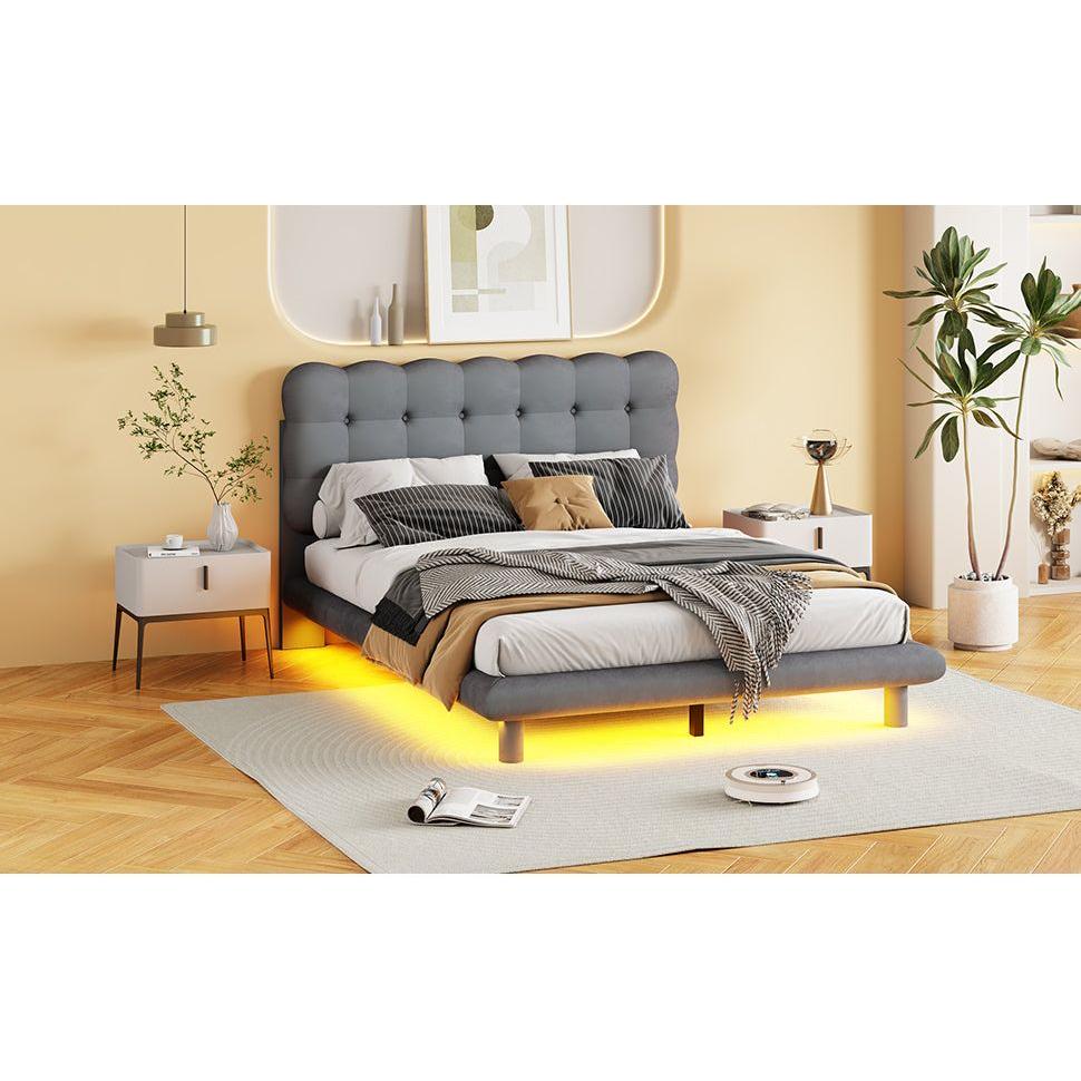 Full Size Velvet Platform Bed with LED Frame, Thick & Soft Fabric and Button-tufted Design Headboard, Gray