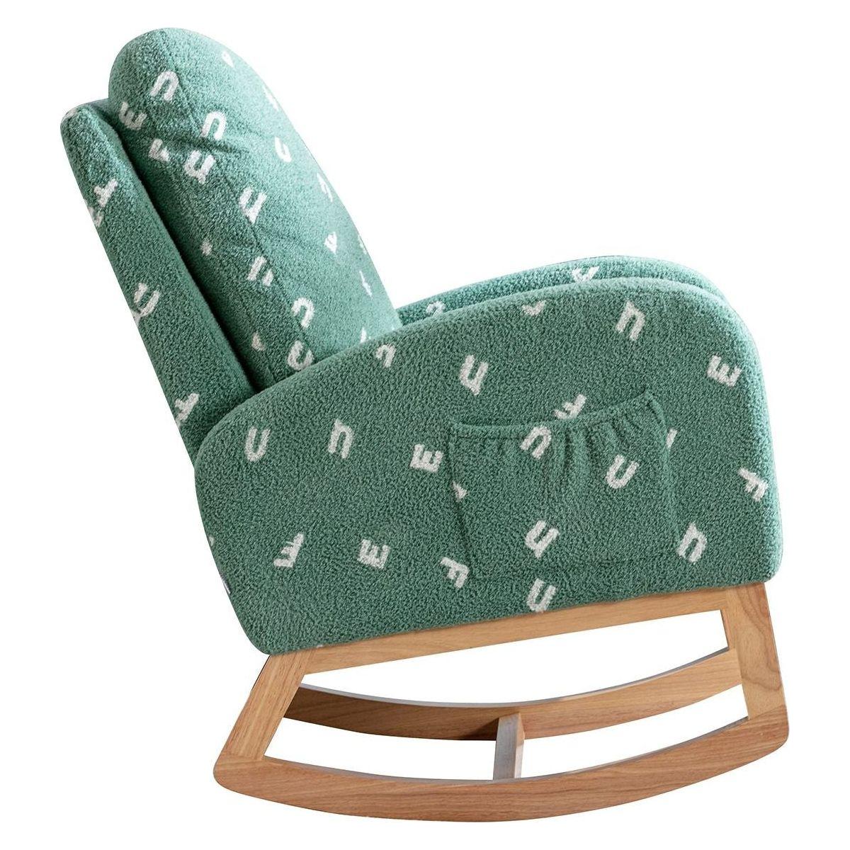 26.8"W Modern Rocking Chair for Nursery, Mid Century Accent Rocker Armchair With Side Pocket, Upholstered High Back Wooden Rocking Chair for Living Room Baby Kids Room Bedroom, Green Boucle