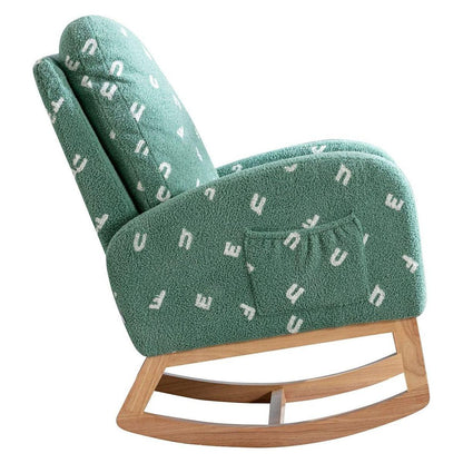 26.8"W Modern Rocking Chair for Nursery, Mid Century Accent Rocker Armchair With Side Pocket, Upholstered High Back Wooden Rocking Chair for Living Room Baby Kids Room Bedroom, Green Boucle
