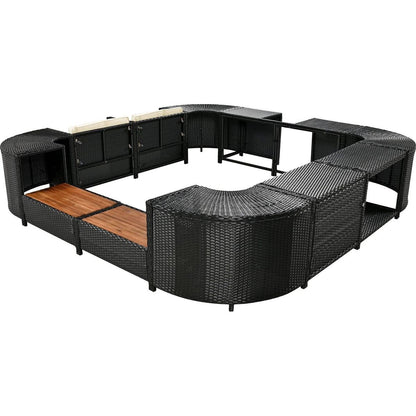 Spa Surround Spa Frame Quadrilateral Outdoor Rattan Sectional Sofa Set with Mini Sofa,Wooden Seats and Storage Spaces, Beige