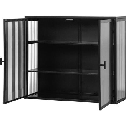 27.56"Glass Doors Modern Two-door Wall Cabinet with Featuring Three-tier Storage for Entryway Living Room Bathroom Dining Room,Black