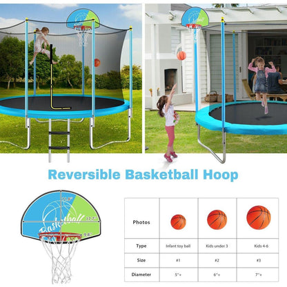 8FT Trampoline for Kids with Safety Enclosure Net, Basketball Hoop and Ladder, Easy Assembly Round Outdoor Recreational Trampoline