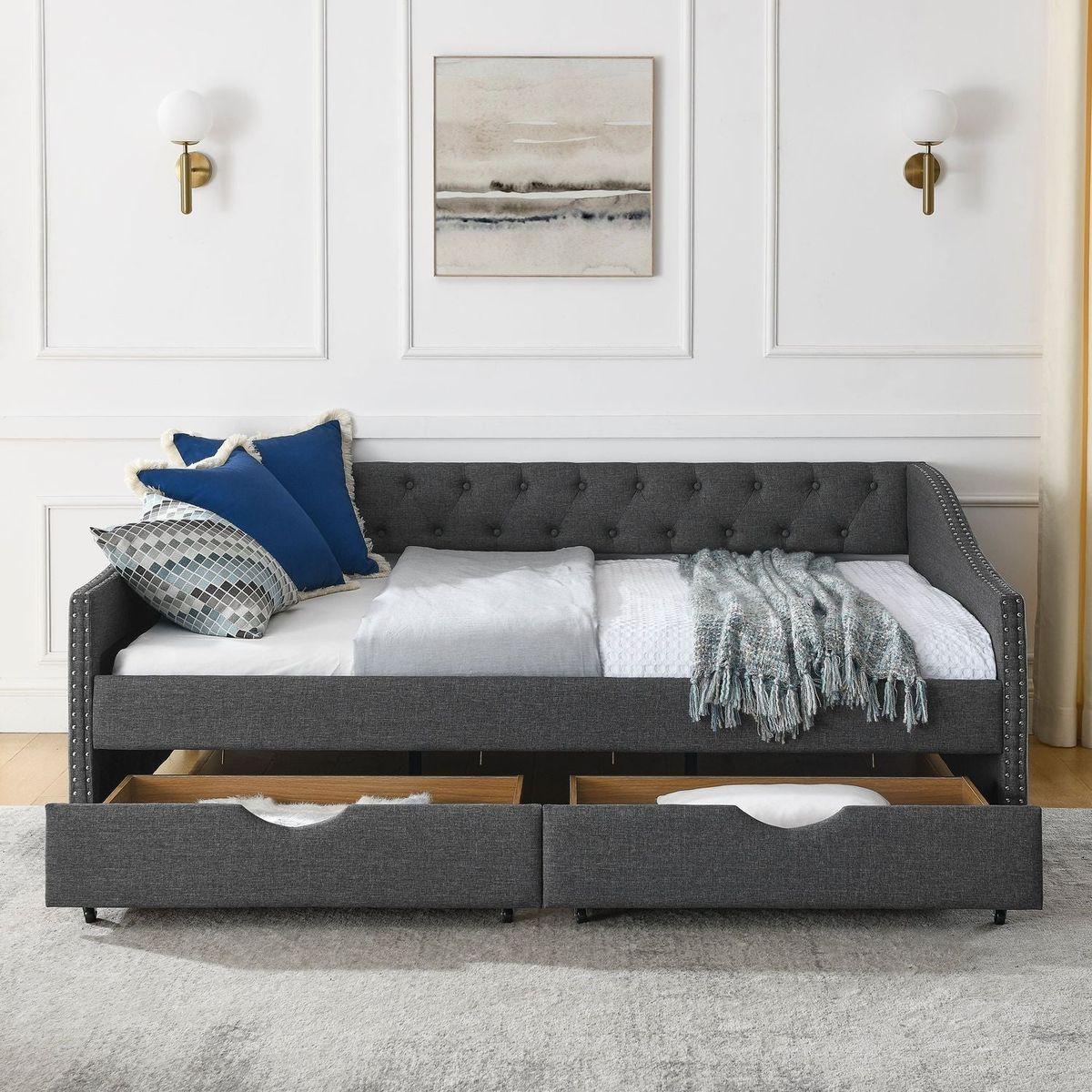 Full Size Daybed with Drawers Upholstered Tufted Sofa Bed, with Button on Back and Copper Nail on Waved Shape Arms(80.5"x55.5"x27.5")
