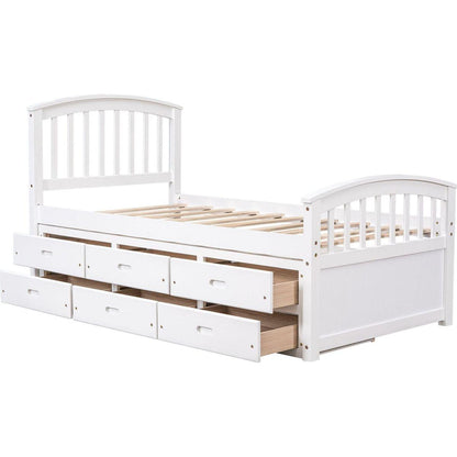 Twin Size Platform Storage Bed Solid Wood Bed with 6 Drawers,White