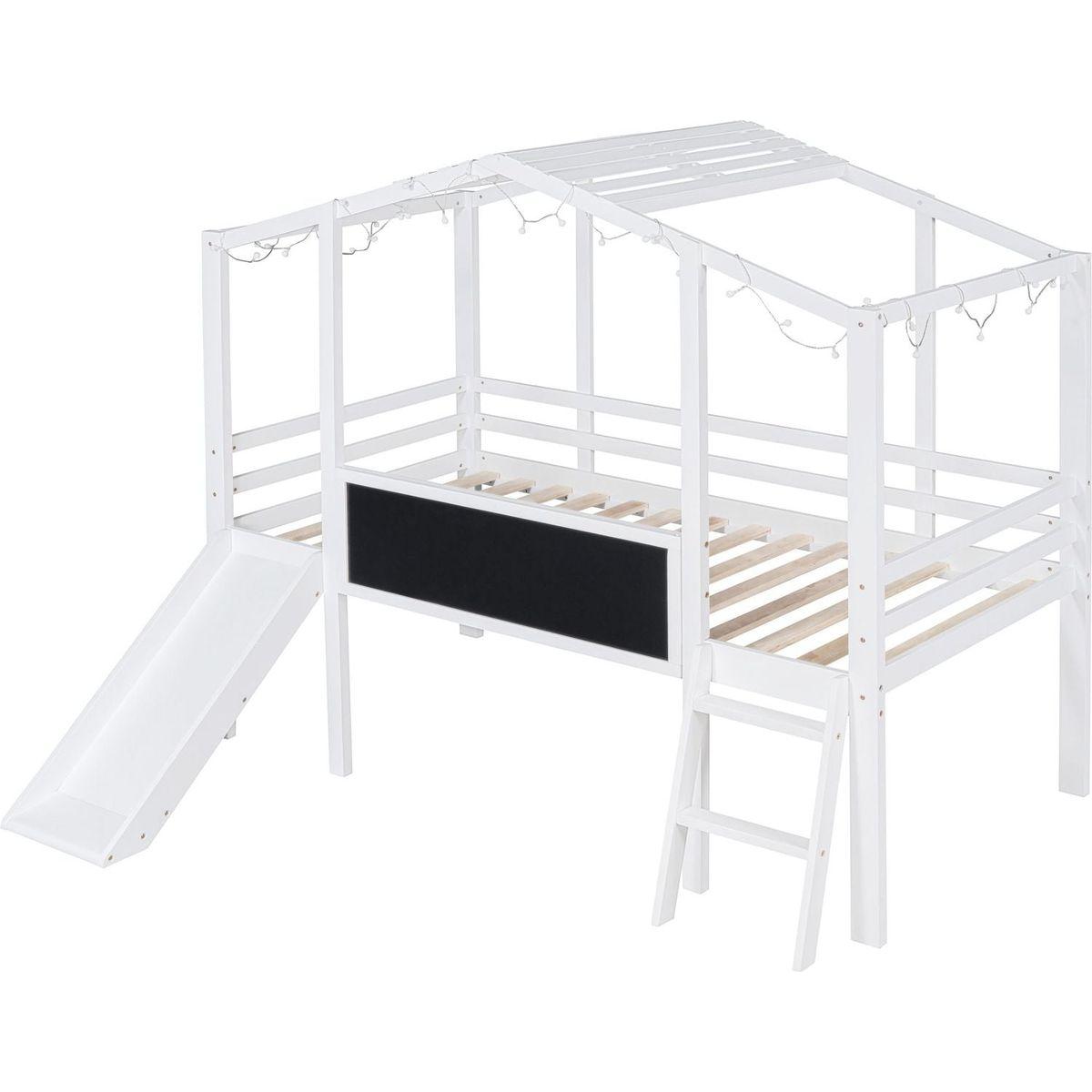 Twin Size Loft Bed with Ladder and Slide, House Bed with Blackboard and Light Strip on the Roof, White