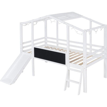Twin Size Loft Bed with Ladder and Slide, House Bed with Blackboard and Light Strip on the Roof, White
