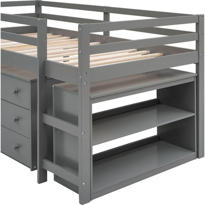 Low Study Twin Loft Bed with Cabinet and Rolling Portable Desk - Gray