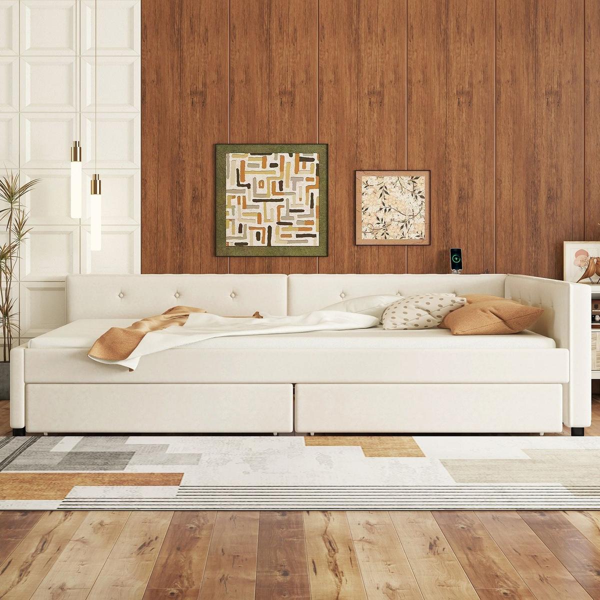 Full Size Upholstered Platform Bed with USB and 2 Drawers, Beige