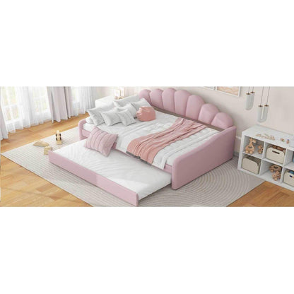 Full Size Upholstery Daybed Frame with Shall Shaped Backrest and Trundle,Pink
