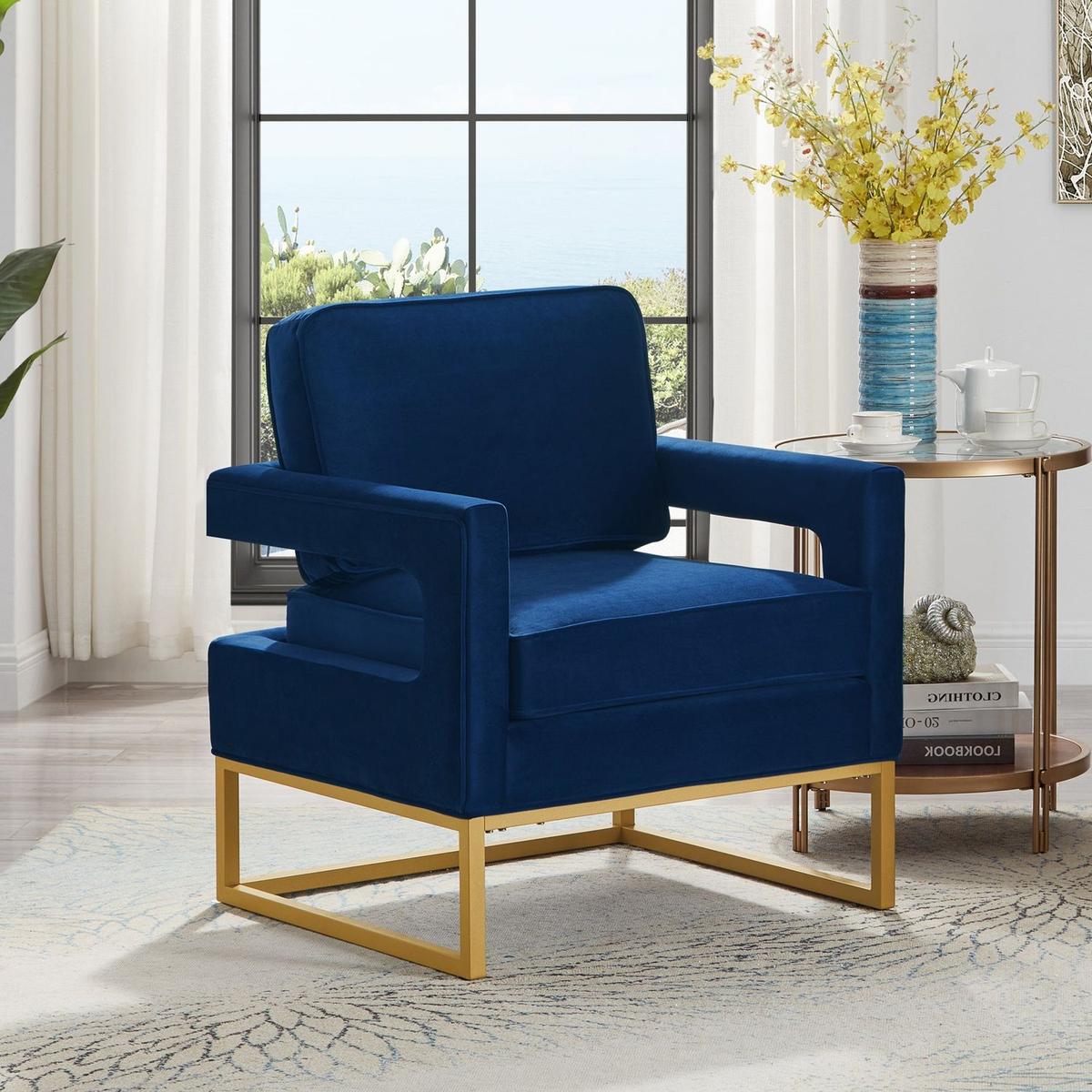 Modern Style Accent Chair with Gold Metal Base, Velvet Upholstered Leisure Chair with Open Armrest, Armchair, Navy