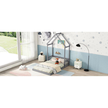 Full Roof-framed Headboard Floor Bed with Headboard Guardrails, without Slats, Grey