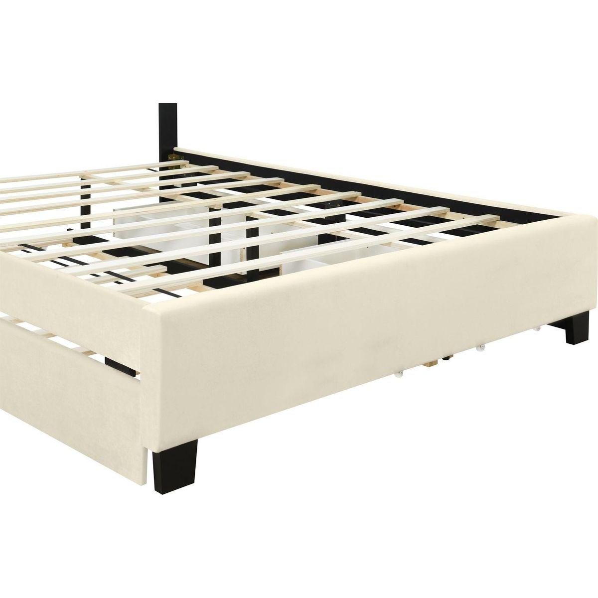 Queen Size Upholstered Platform Bed with 2 Drawers and 1 Trundle, Classic Metal Strip Headboard Design, Beige