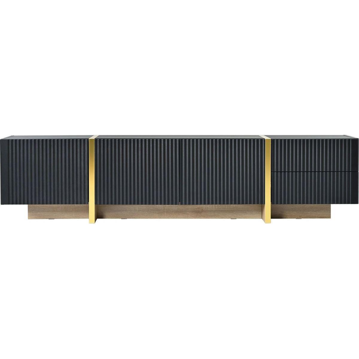 Luxury Fluted TV Stand for TVs Up to 80", Modern Entertainment Center with Storage Cabinets & Drawers, Smooth Media Console with Golden Wood Grain Legs for Living Room, Black